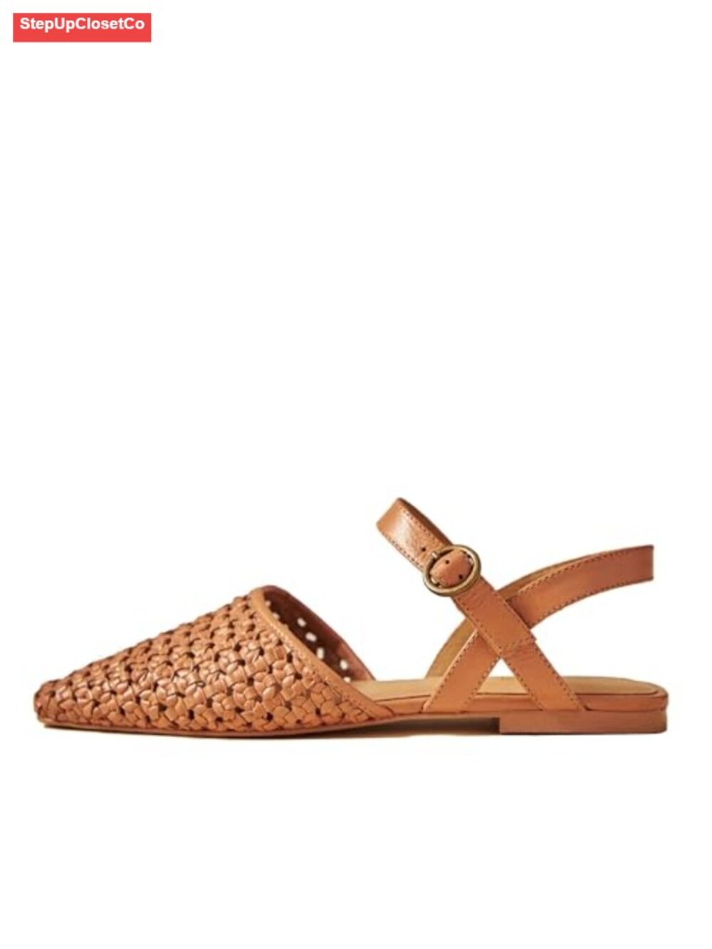 Woven Slingback Flats - Square Toe Ankle Strap Buckle Closure